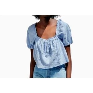 Zara Women's Top Size XL Embroidered Blue Eyelet Cropped Puff Sleeve Blouse New